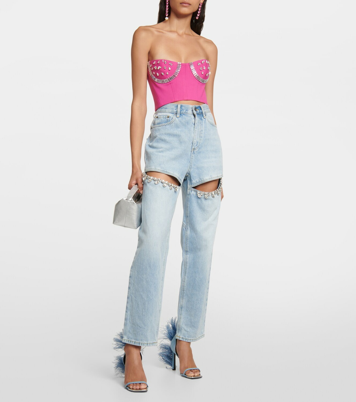 Area x Sergio Rossi Amazona feather-trimmed denim sandals AREA