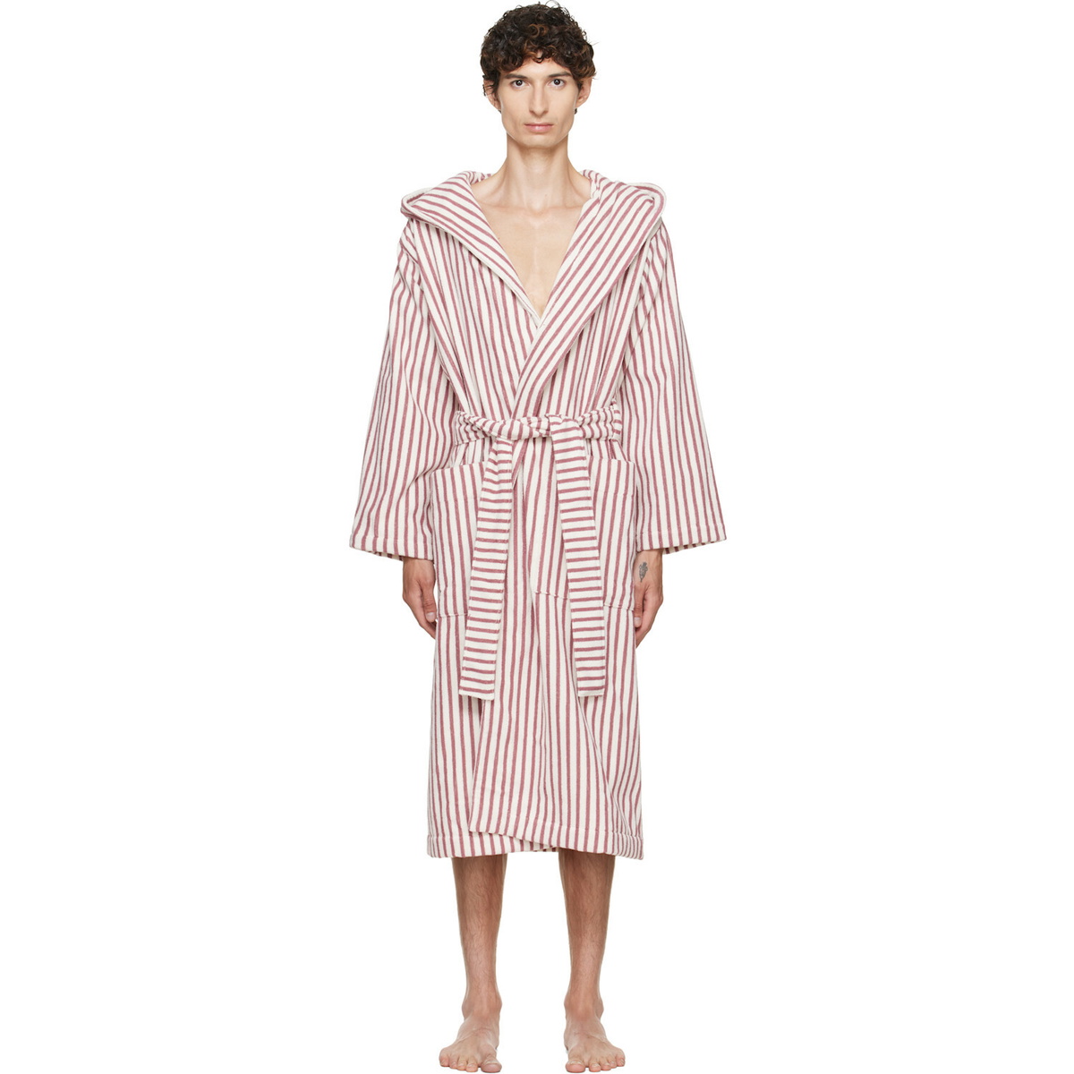 Tekla Pink & Off-White Terry Hooded Bathrobe