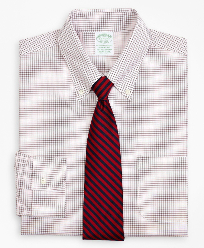 Photo: Brooks Brothers Men's Stretch Milano Slim-Fit Dress Shirt, Non-Iron Poplin Button-Down Collar Small Grid Check | Red