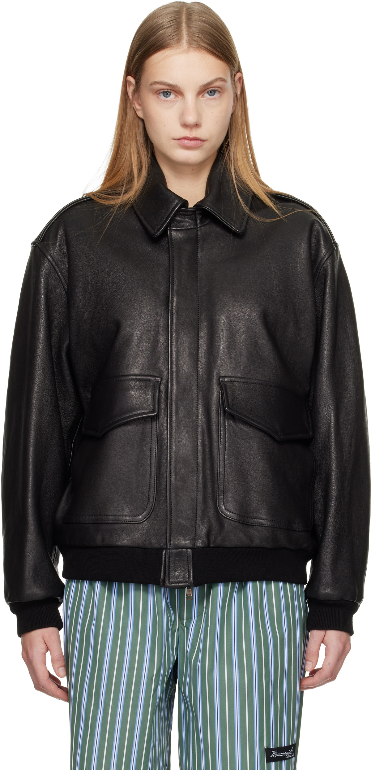 HommeGirls Black Leather Bomber Jacket