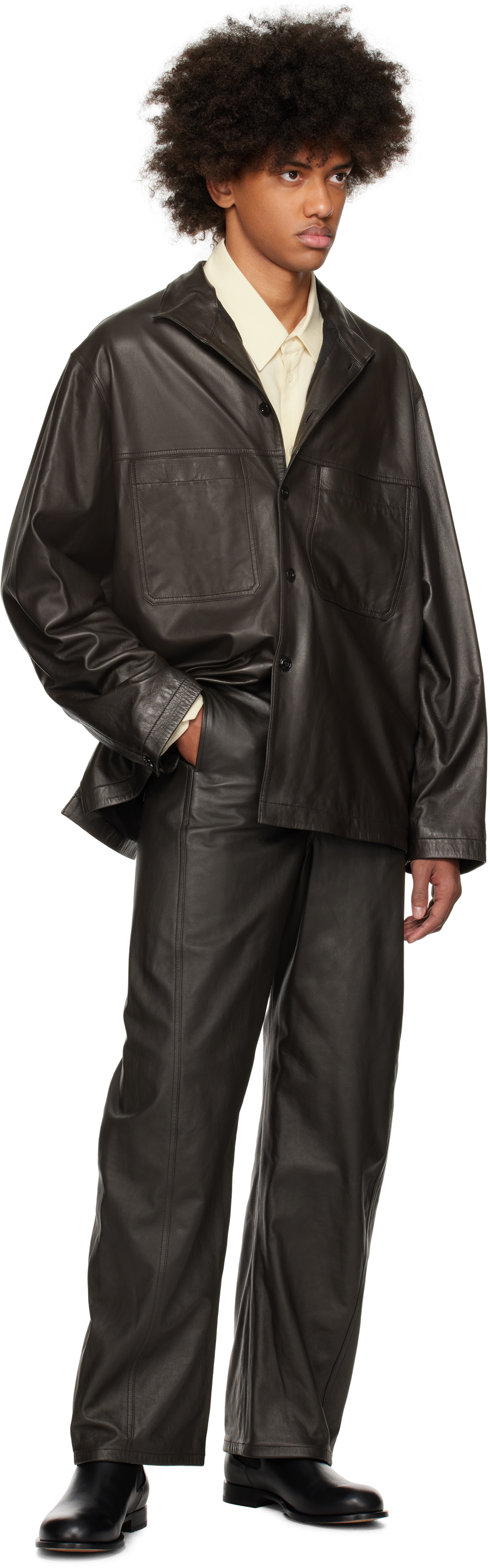 LEMAIRE Brown Stand Collar Leather Shirt Lemaire