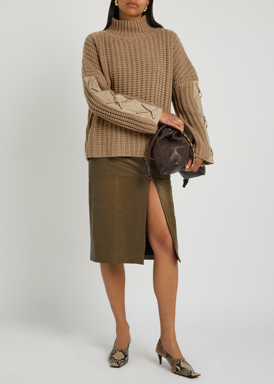 Skiim Justine Lace-up Leather and Cashmere Jumper Beige