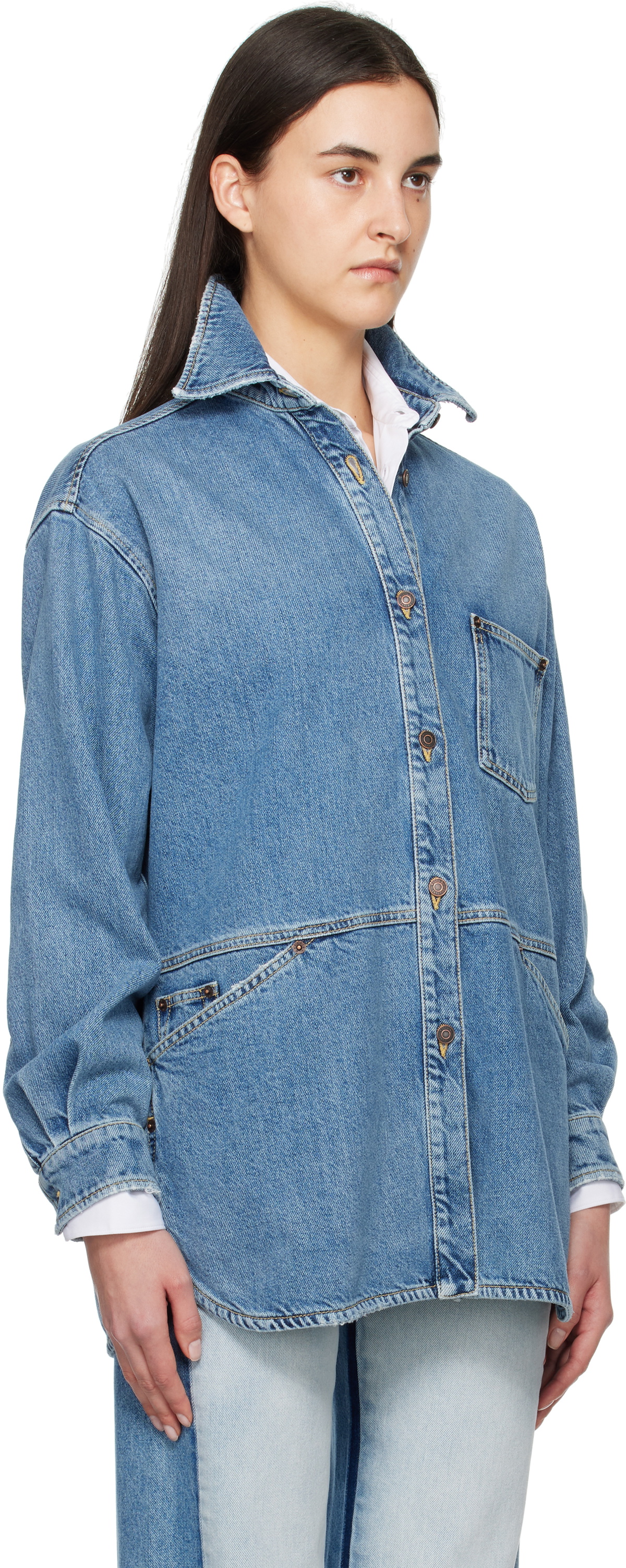 Moschino Blue Laurel Crown Emblem Denim Shirt