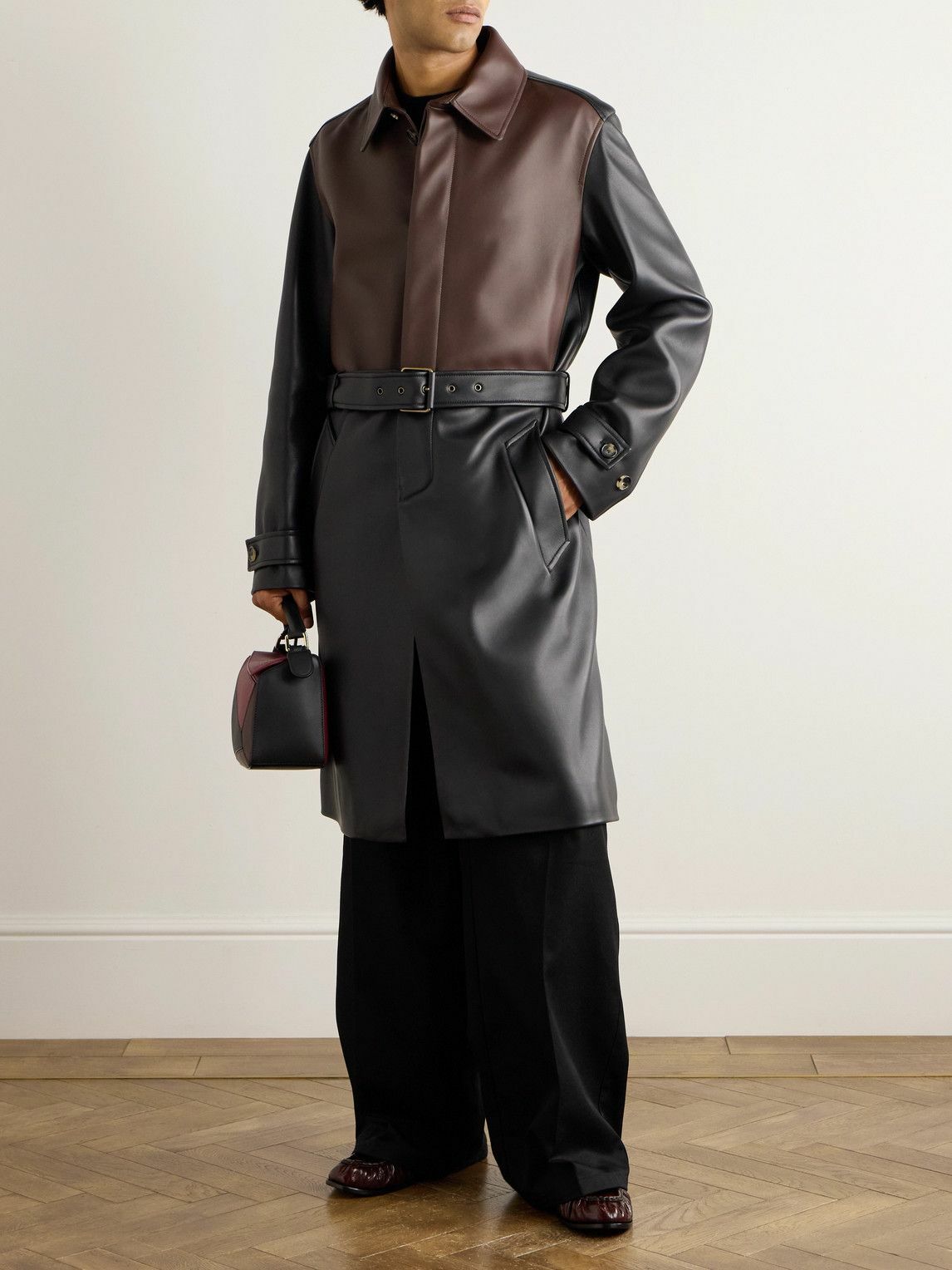 LOEWE - Belted Two-Tone Panelled Leather Coat - Black