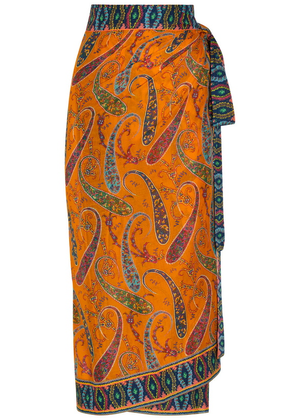 Photo: Etro Paisley-print Cotton Midi Wrap Sarong Skirt - Orange - One Size