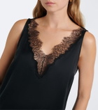 Velvet Lace-trimmed silk satin top