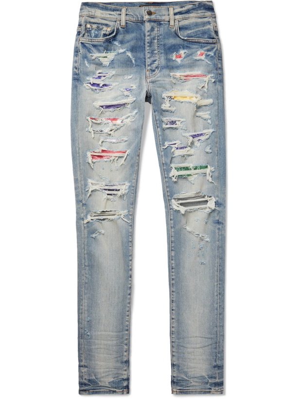 Photo: AMIRI - Slim-Fit Patchwork Distressed Stretch-Denim Jeans - Blue