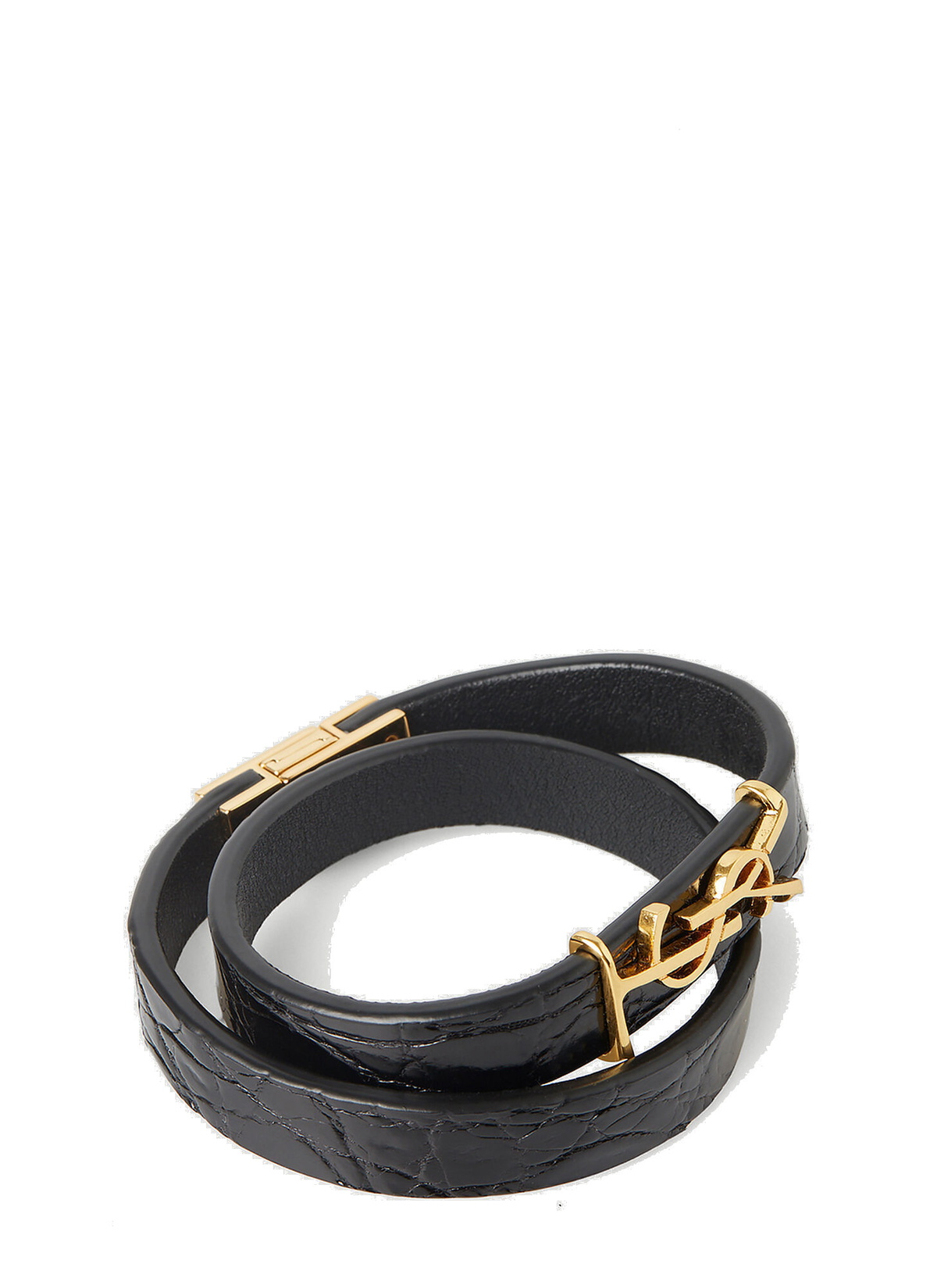 Saint Laurent Leather Ysl Monogram Double-Wrap Bracelet, Black