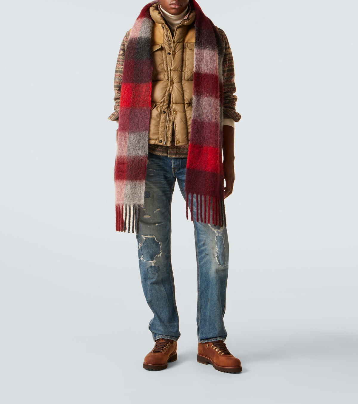 RRL Leather-trimmed ripstop puffer vest
