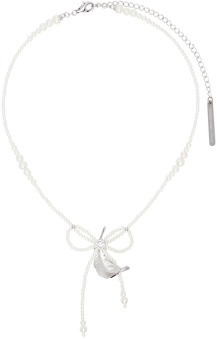 White & Silver YVMIN Edition Tassel Feather Necklace by SHUSHU/TONG on Sale