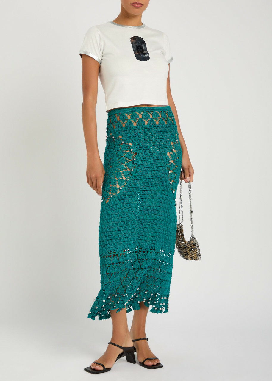 Rabanne Bead-embellished Crochet Cotton Midi Skirt Green