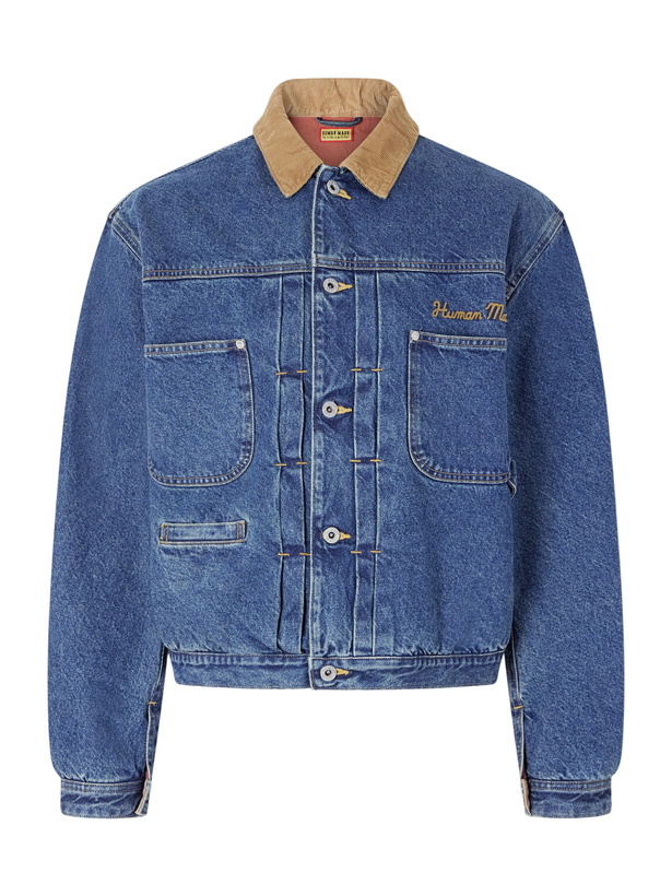 Photo: Human Made - Corduroy-Trimmed Logo-Embroidered Denim Jacket - Blue