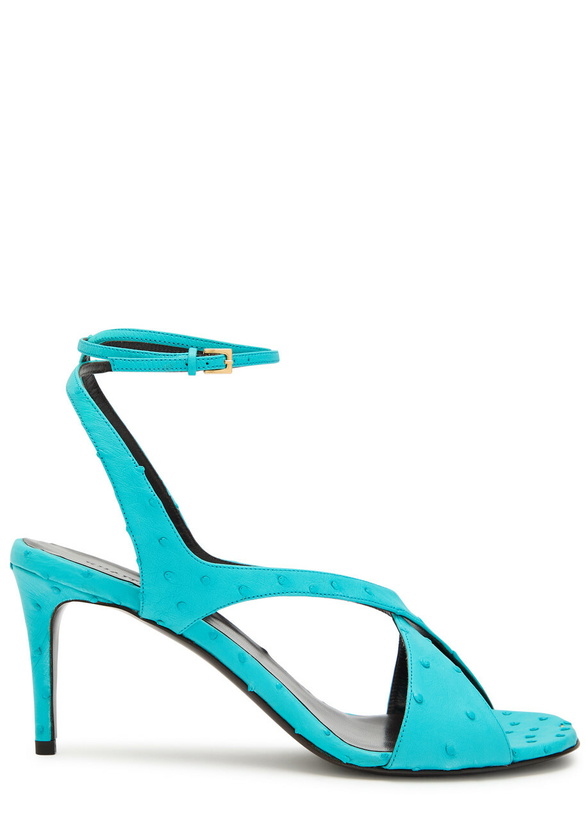 Photo: Khaite Liria 75 Cross-over Ostrich Leather Sandals Light Blue