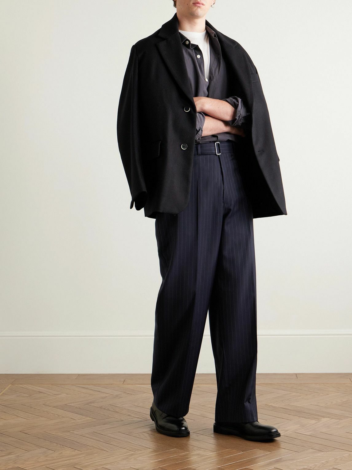 Officine Générale - Nash Wide-Leg Belted Pinstriped Virgin Wool-Twill Suit Trousers - Blue