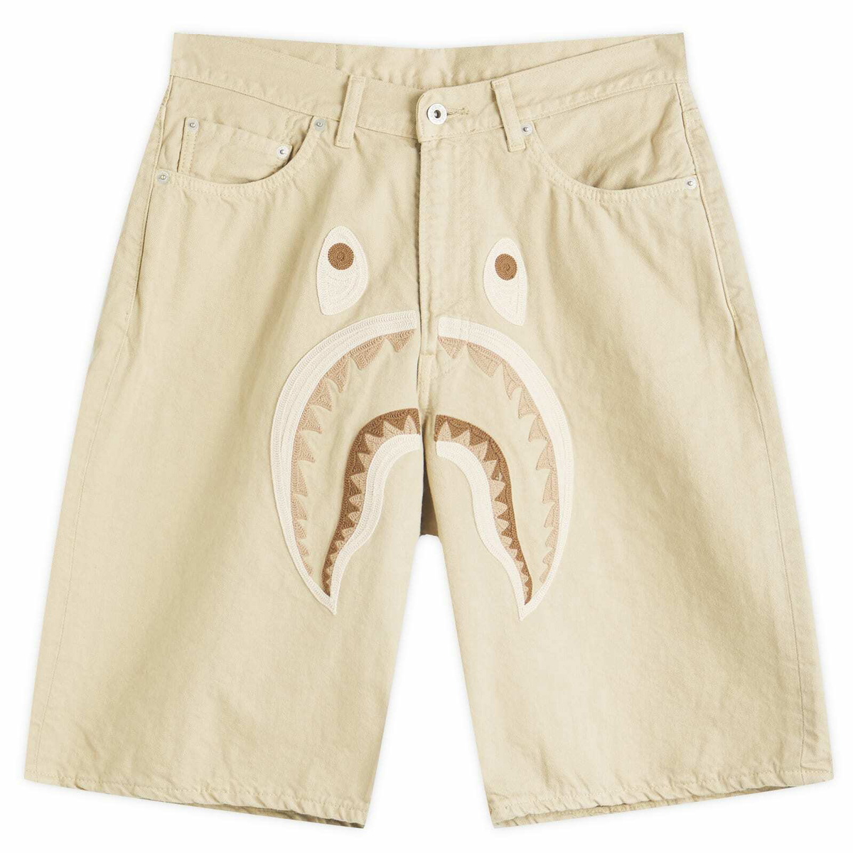 A Bathing Ape Men's Shark Garment Dye Relaxed Fit Denim Shorts in Beige