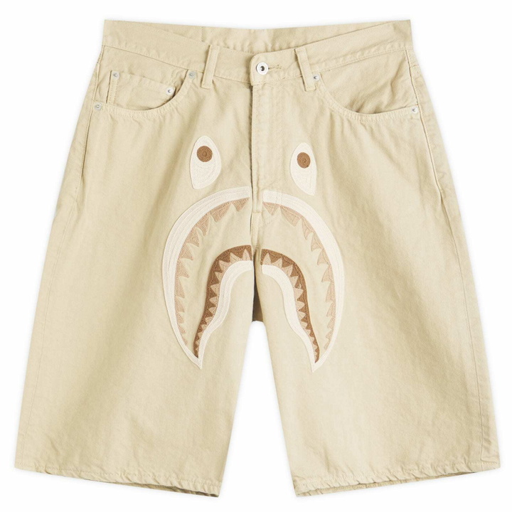Photo: A Bathing Ape Men's Shark Garment Dye Relaxed Fit Denim Shorts in Beige