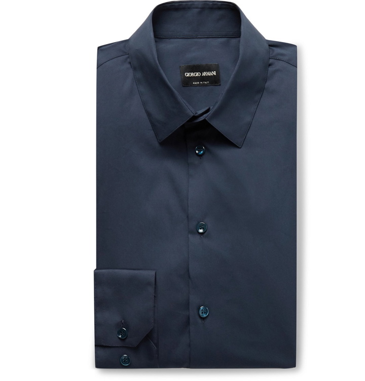 Photo: Giorgio Armani - Navy Slim-Fit Stretch Cotton-Blend Shirt - Blue