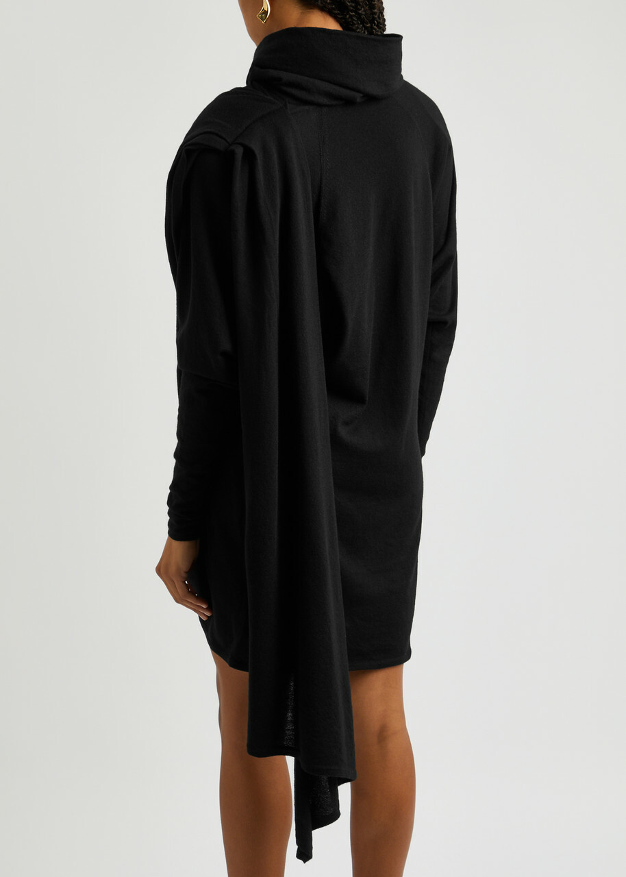 Saint Laurent Women's Black Draped Hooded Wool Mini Dress Size (UK8-10/S), Cape-Effect & High-Neck