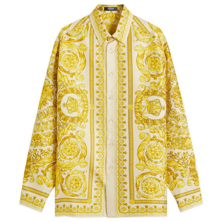 Photo: Versace Men's Baroque Silk Vacation Shirt in Champagne