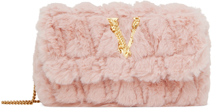 Versace Faux Fur Quilted Virtus Shoulder Bag English Rose