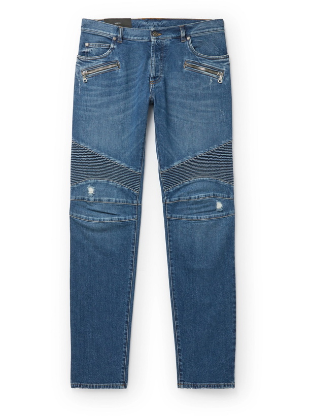 Photo: BALMAIN - Slim-Fit Tapered Ribbed Denim Jeans - Blue - UK/US 30