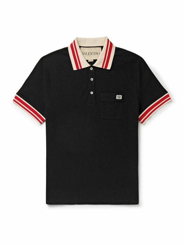 Photo: Valentino Garavani - Logo-Appliquéd Striped Cotton-Piqué Polo Shirt - Black