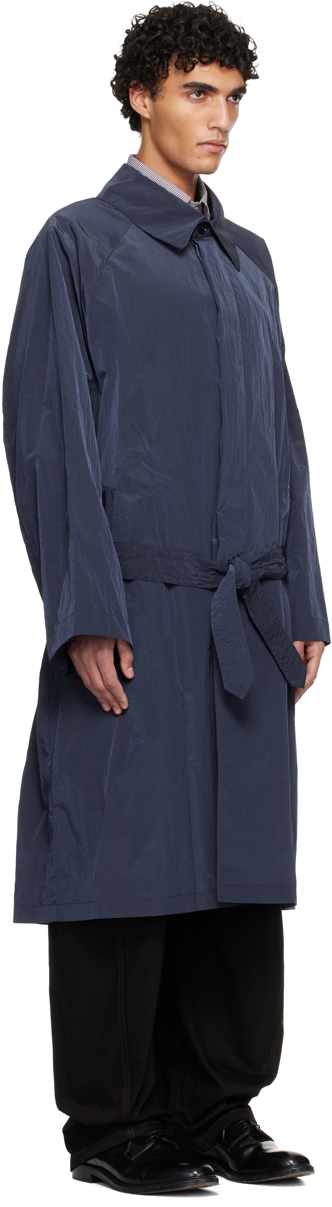 Hed Mayner Navy Crinkled Trench Coat