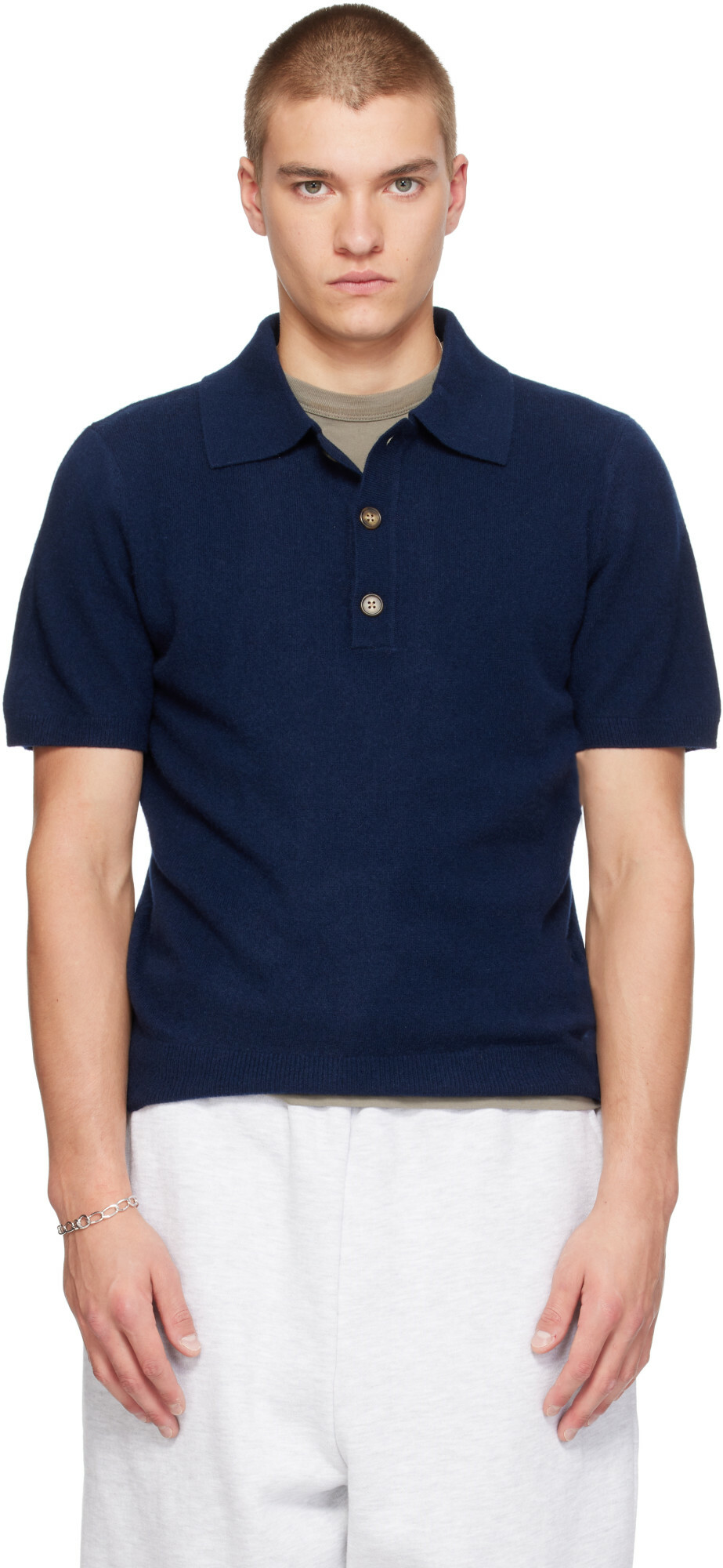 Entire Studios Navy Short Sleeve Cashmere Knit Polo