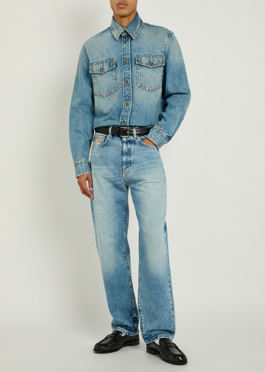 Versace Stud-embellished Denim Shirt Light Blue