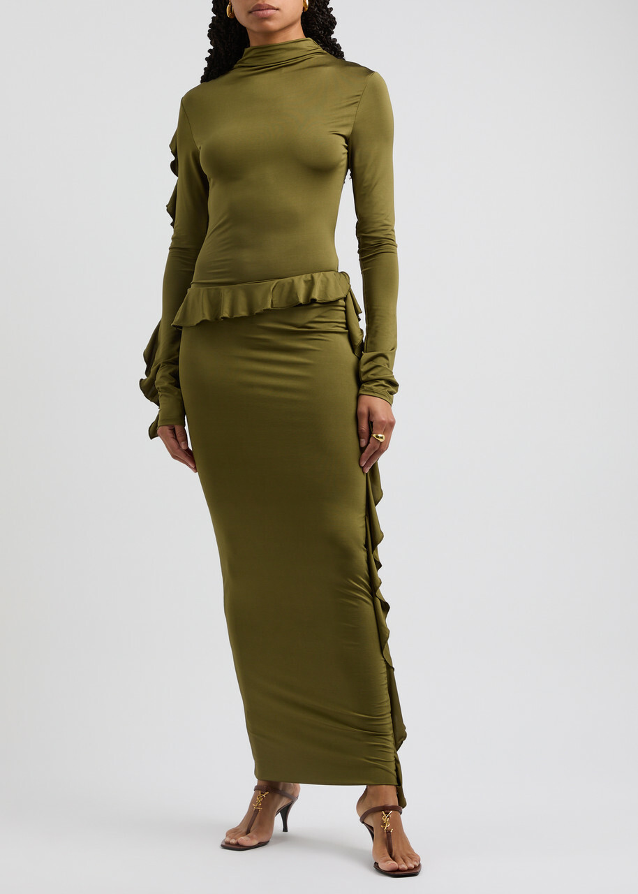 Paris Georgia Mira Ruffled Stretch-jersey Maxi Dress Olive Paris Georgia