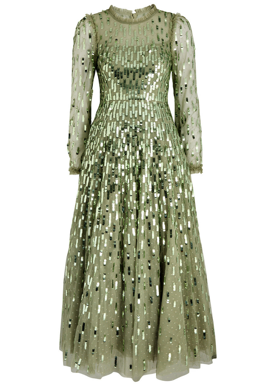 Needle & Thread Sequin Dash Embellished Tulle Gown Olive Needle & Thread