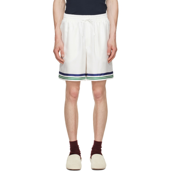 Photo: Casablanca White Hotel Emblem Silk Shorts