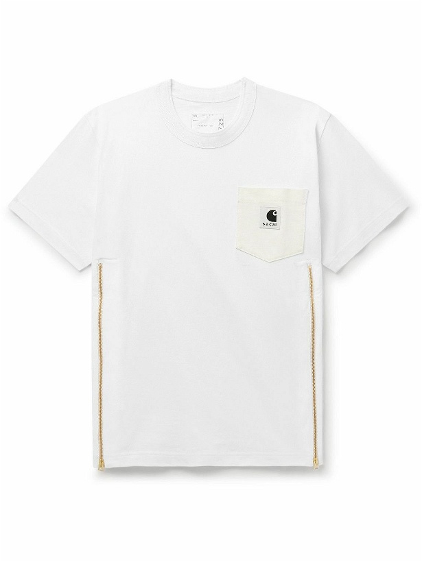 Photo: Sacai - Carhartt WIP Zip-Detailed Logo-Appliquéd Canvas-Trimmed Cotton-Jersey T-Shirt - White