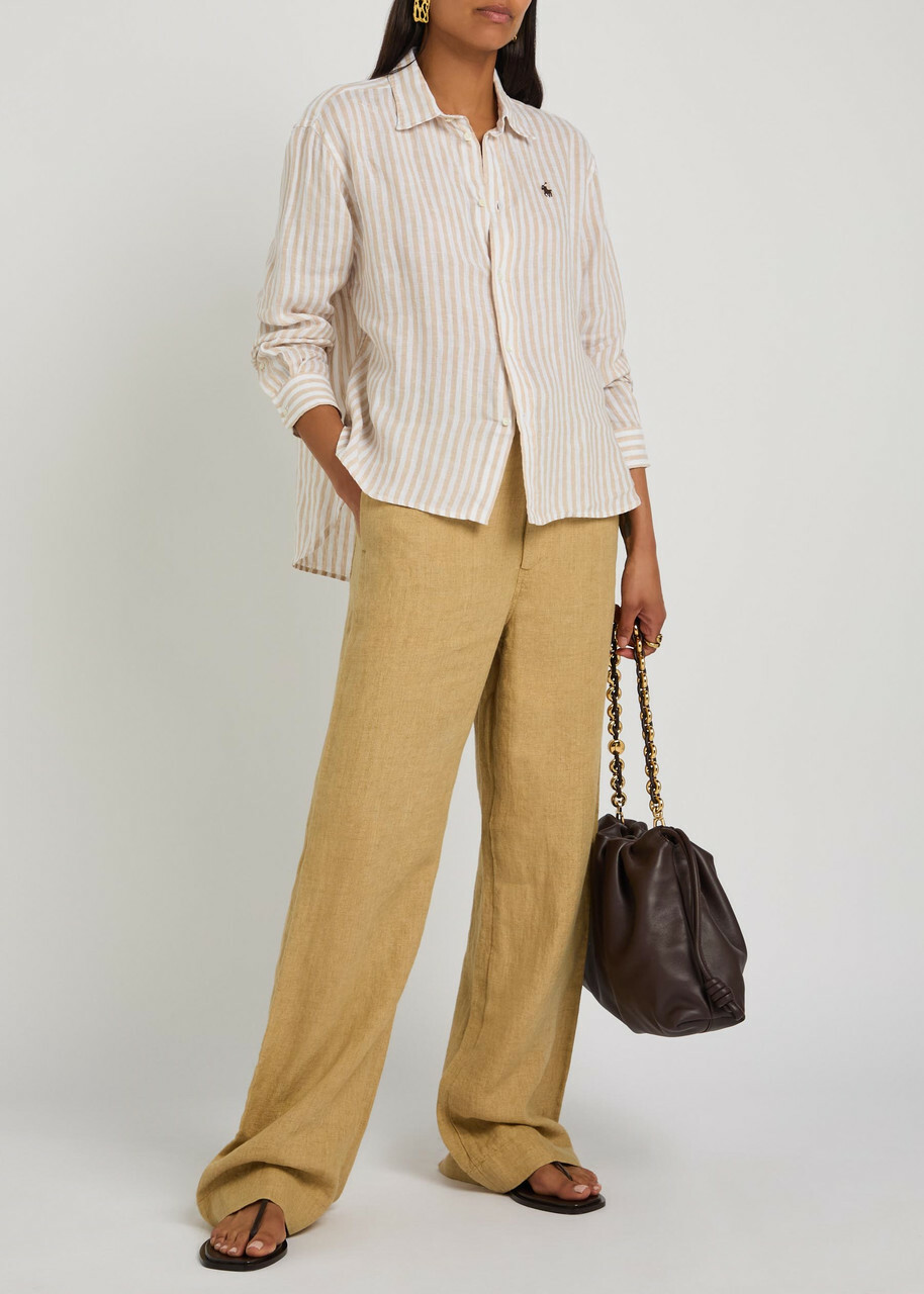 Polo Ralph Lauren Logo-embroidered Striped Cropped Linen Shirt White