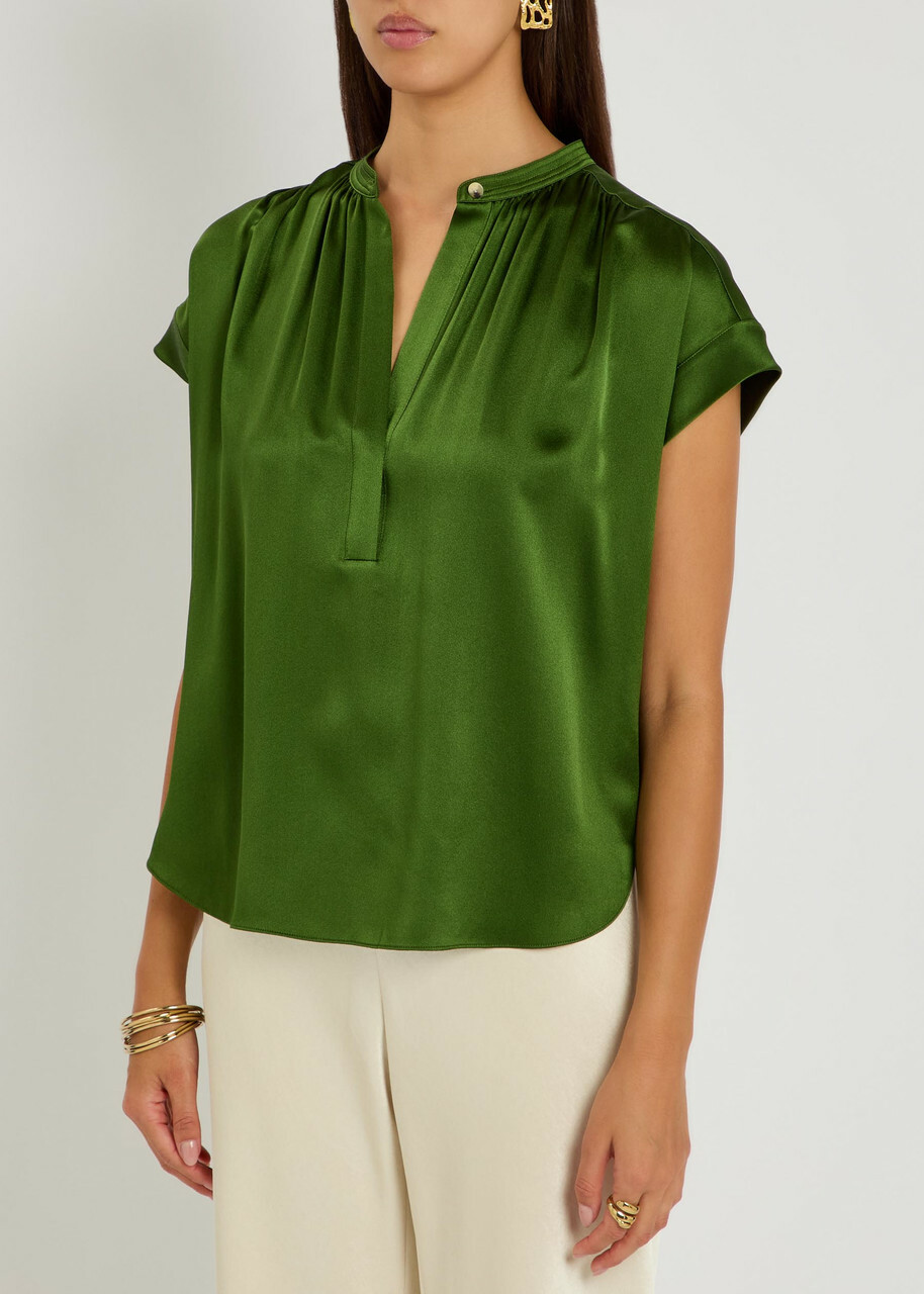 Vince Gathered Silk Blouse Green