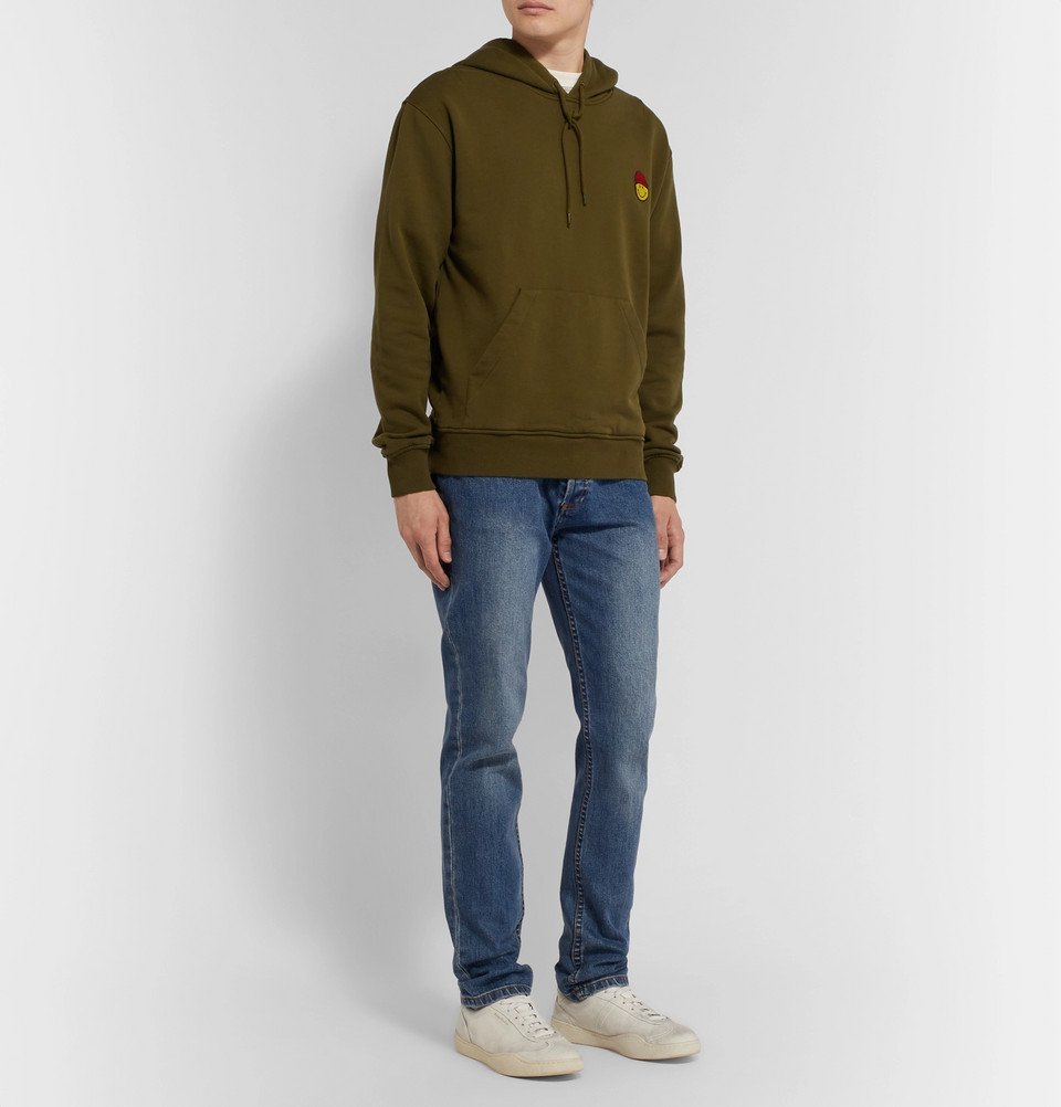 AMI The Smiley Company Slim Fit Logo Appliqued Loopback Cotton Jersey Hoodie Green AMI