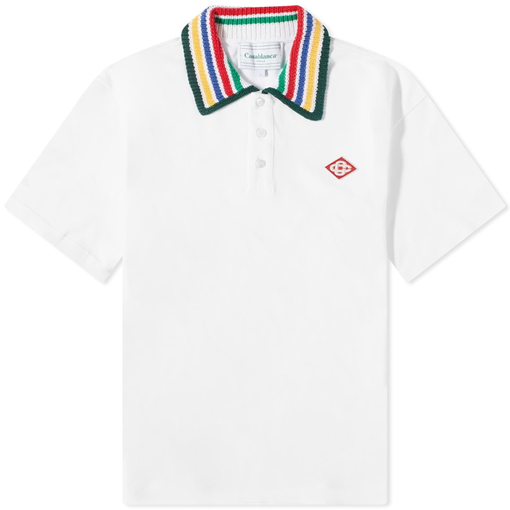 Photo: Casablanca Men's Knit Collar Classic Polo Shirt in Bright White/Primary Stripe