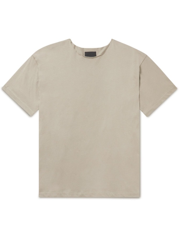 Photo: Fear of God - Distressed Logo-Appliquéd Cotton-Jersey T-shirt - Gray