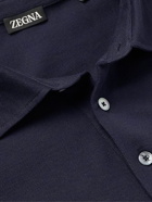 Zegna - Leather-Trimmed Cotton-Piqué Polo-Shirt - Blue