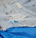 Greg Lauren - Birdwell Grandad-Collar Panelled Distressed Denim and Nylon Shirt - Blue