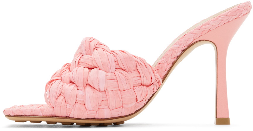 Bottega Veneta Pink Raffia Stretch Heeled Mules Bottega Veneta