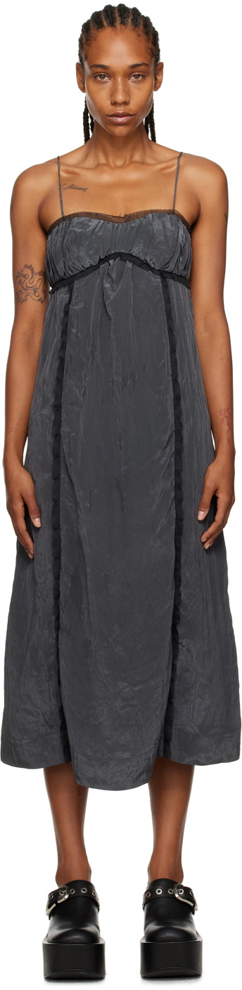 パーティードレス Ganni F9551 252 Dresses Grey Mirage Gray Grey Striped Suiting V-neck Fitted Dress | GANNI US