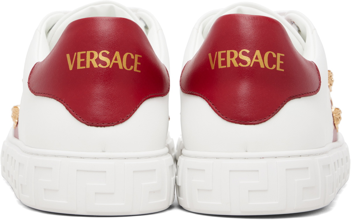 Versace White & Red Greca Embellished Faux-Leather Sneakers