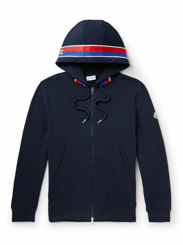 Photo: Moncler - Webbing-Trimmed Stretch-Cotton Jersey Zip-Up Hoodie - Blue