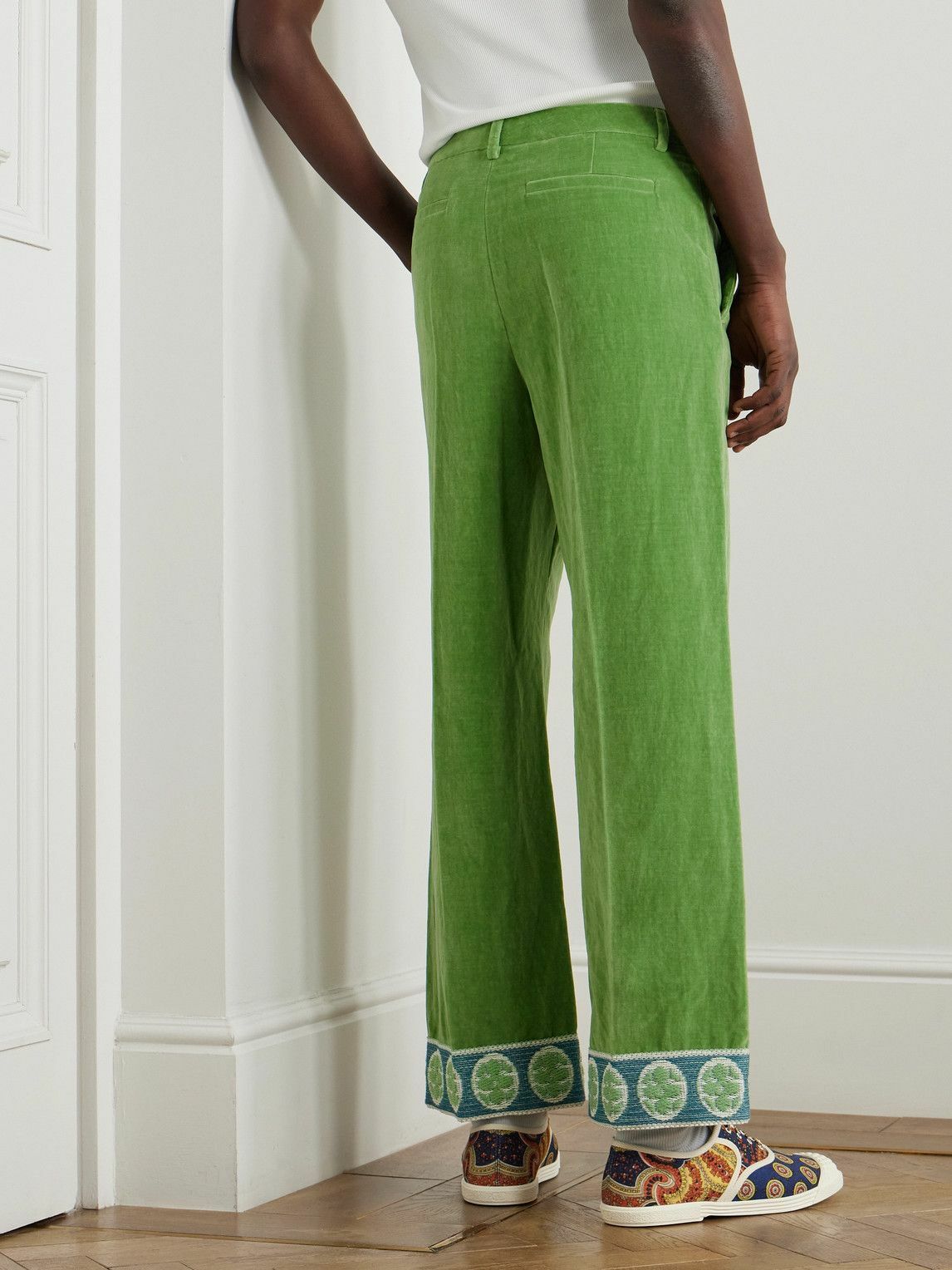 Valentino Garavani - Flared Jacquard-Trimmed Cotton and Linen-Blend Velvet Trousers - Green