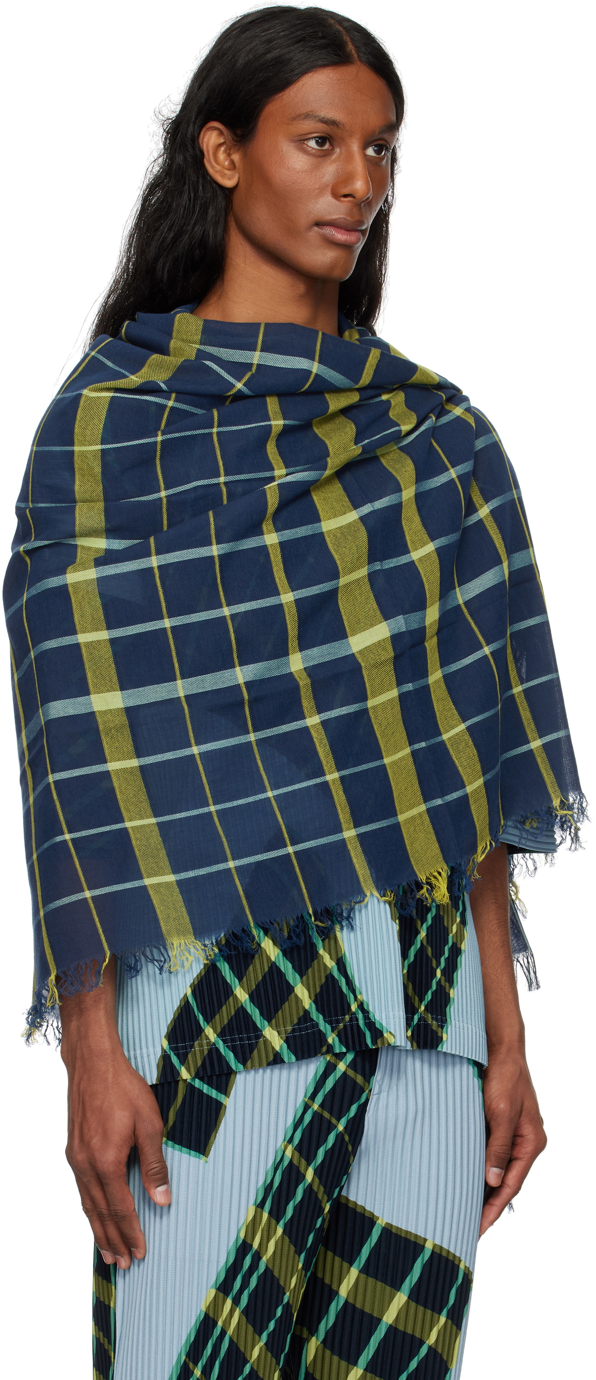 HOMME PLISSÉ ISSEY MIYAKE Navy & Green Plaid Stole Scarf