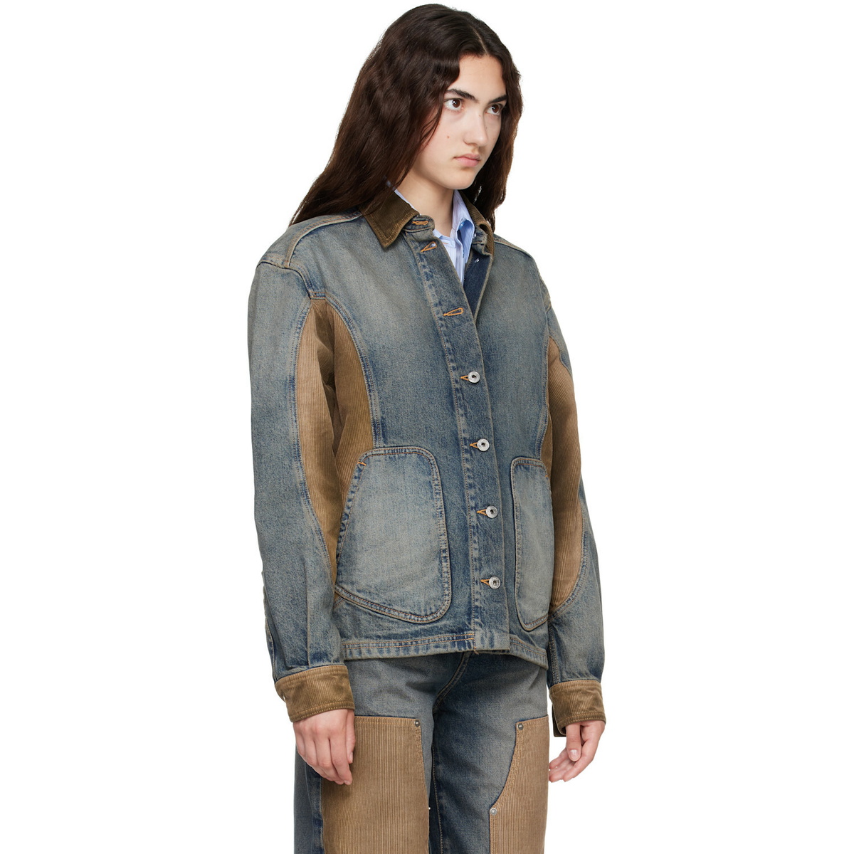 Off-White Navy & Brown Corduroy Patch Denim Jacket