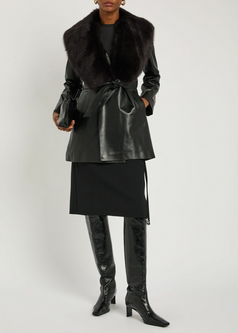 Nour Hammour Kelsey Fur-trimmed Belted Leather Jacket Black