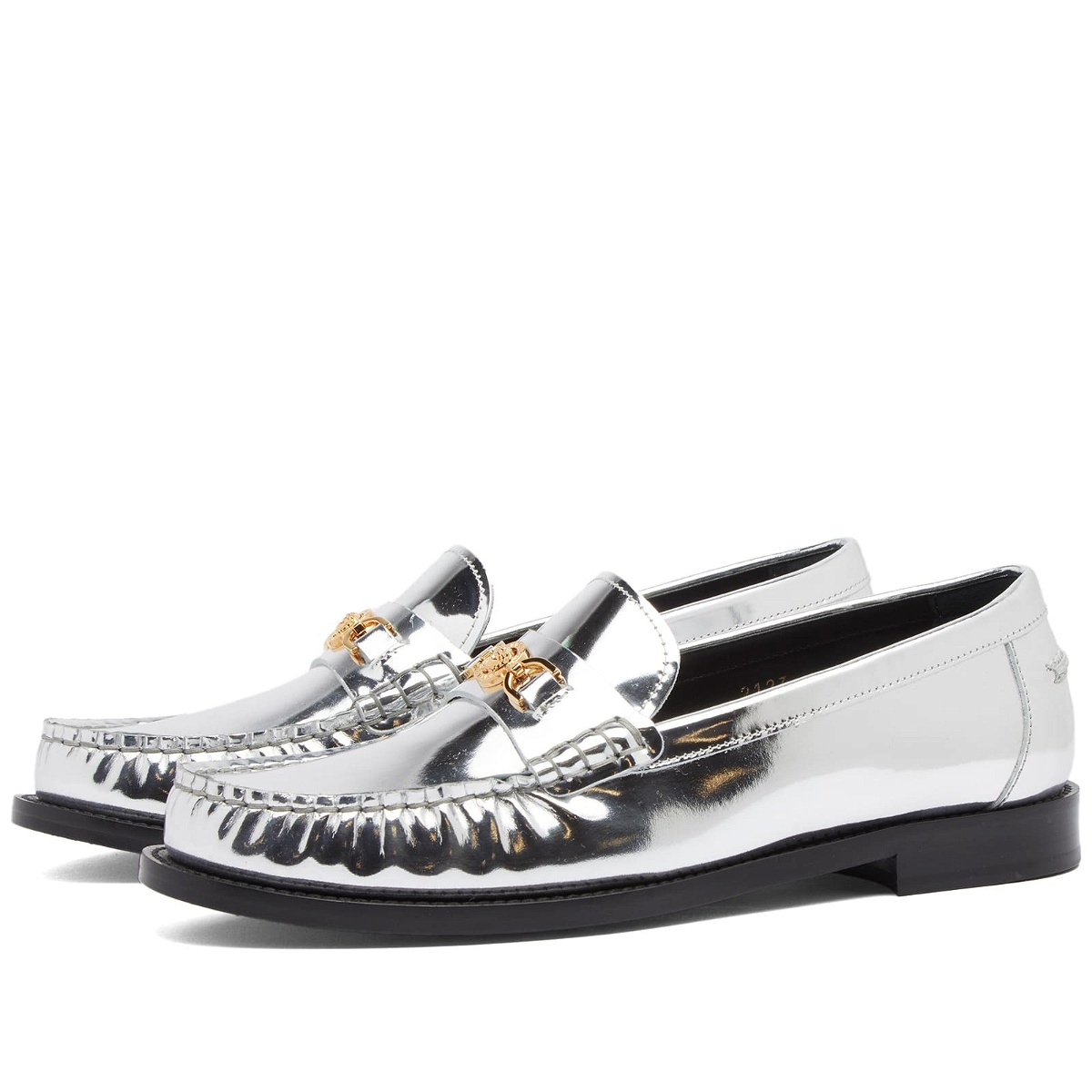 Photo: Versace Women's Medusa Head Loafer Shoes in Silver Versace Gold