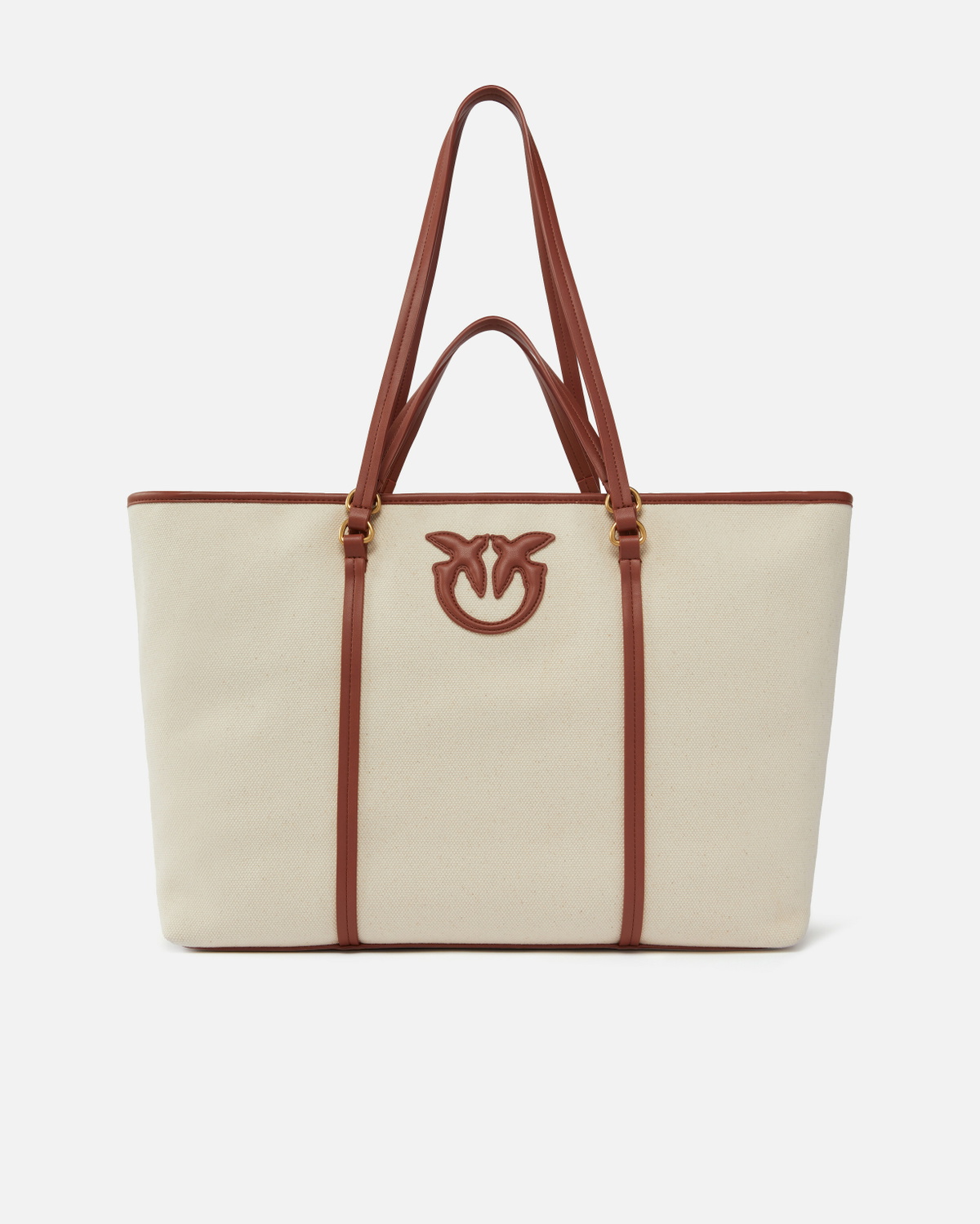 Pinko Maxi Shopper Bag In Recycled Canvas With Double Handles Mult. Beige/Leather Antique Gold